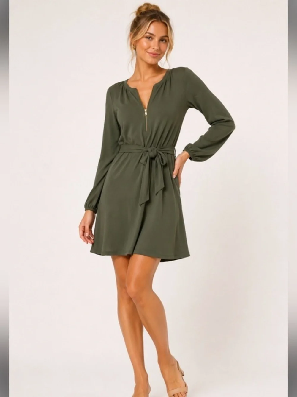 Michael Michael Kors Olive Green Belted Zip Front Dress Size XS